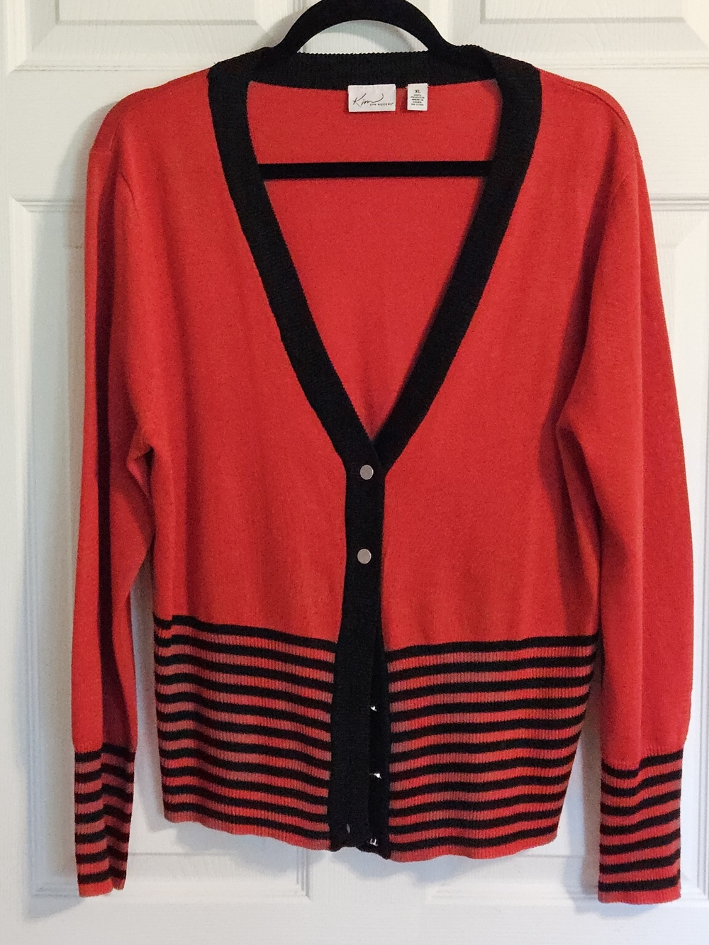 Kim Rogers Red and Black V-Neck Striped Hem Cardigan